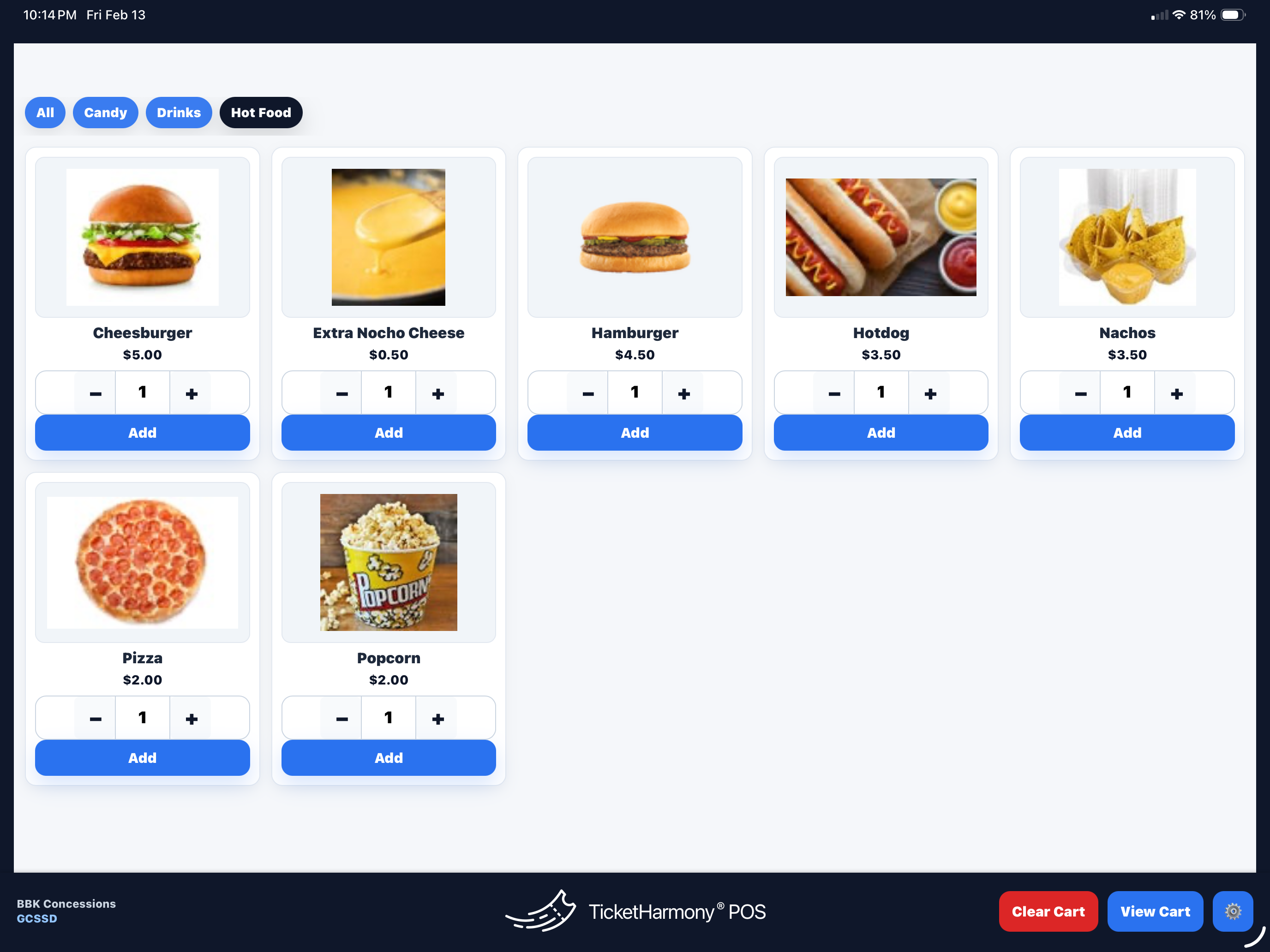 TicketHarmony POS on iPad — cart and checkout screen