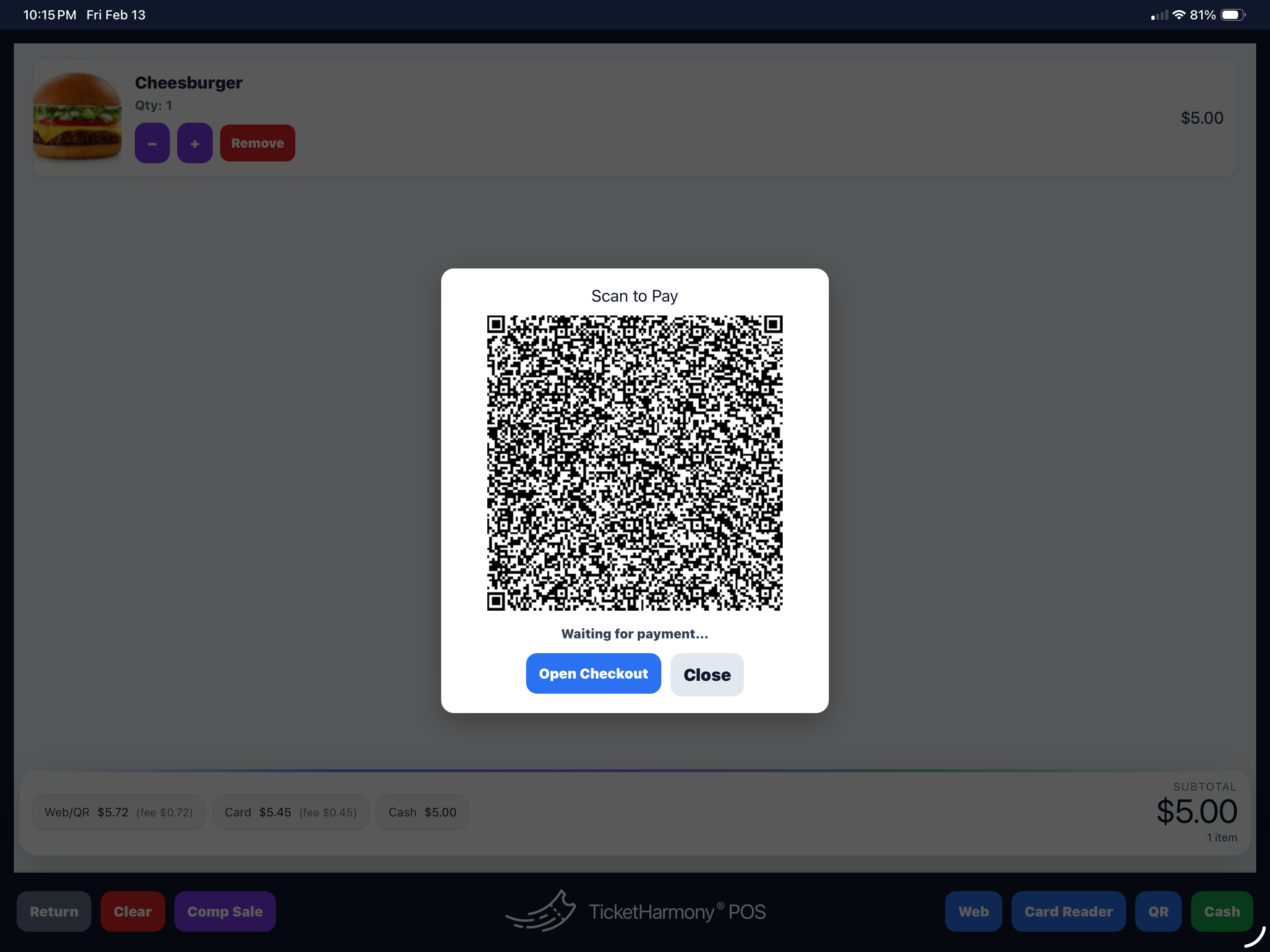 TicketHarmony POS — Stripe M2 reader flow (tap/insert/swipe)
