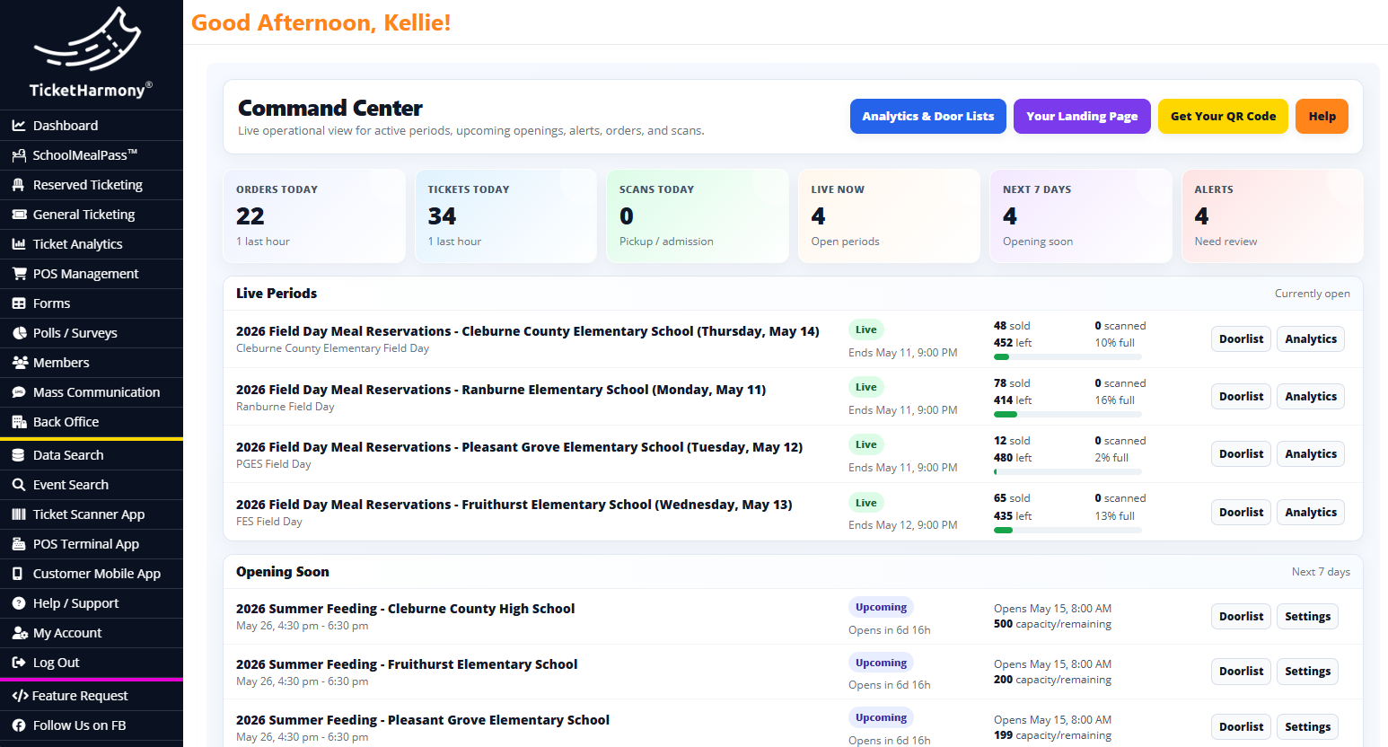 SchoolMealPass Command Center dashboard showing orders, tickets and scans today, live meal periods with sold and scanned counts, and upcoming summer feeding openings