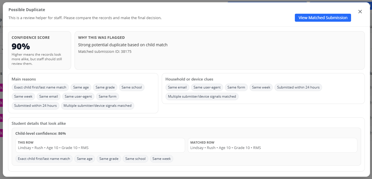 SchoolMealPass AI-assisted duplicate detection and review helper screenshot