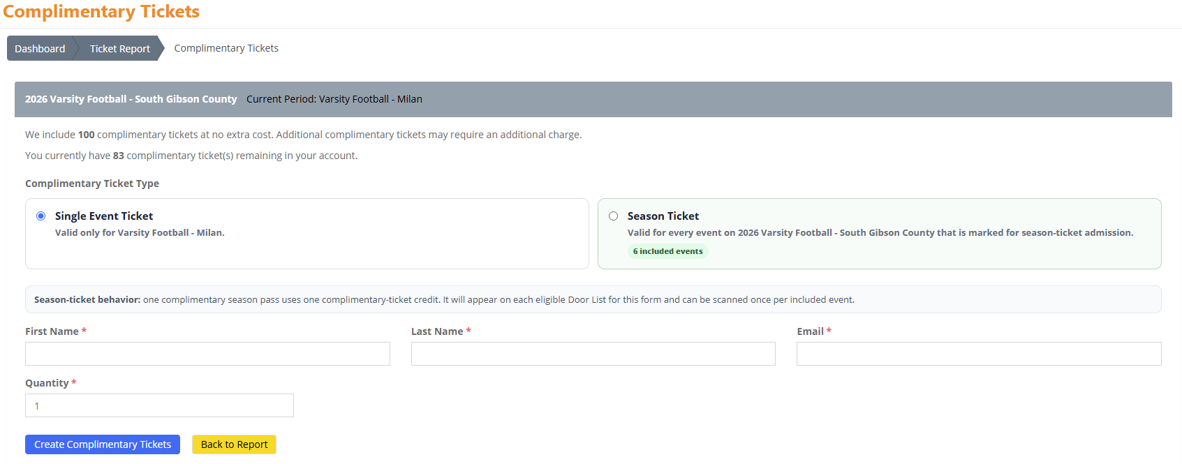 TicketHarmony complimentary tickets screen offering single event or season ticket comps with remaining comp count