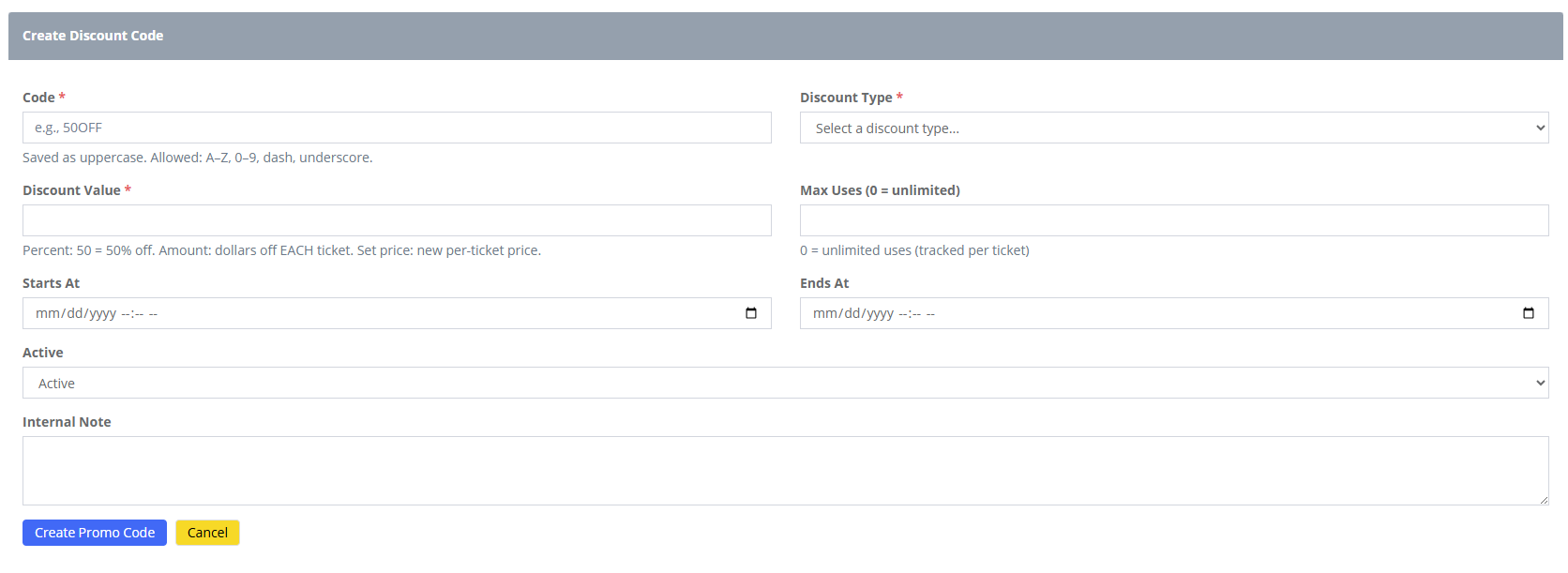 TicketHarmony create discount code screen with discount type, value, max uses, start and end dates, and internal note