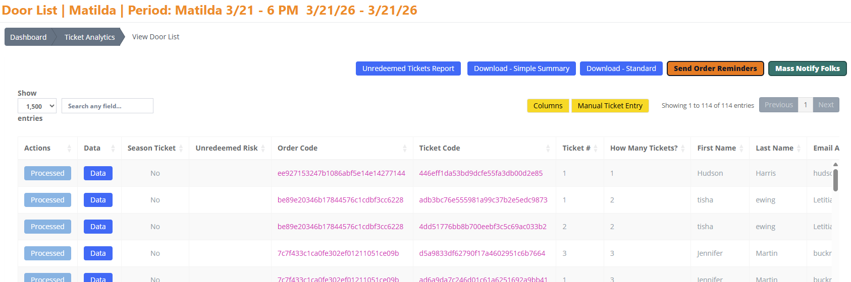 TicketHarmony door list showing processed status, order codes, ticket codes, and attendee details for a ticket period