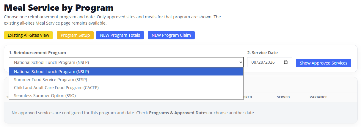 SchoolMealPass meal service by program screen with a reimbursement program dropdown listing NSLP, SFSP, CACFP, and SSO