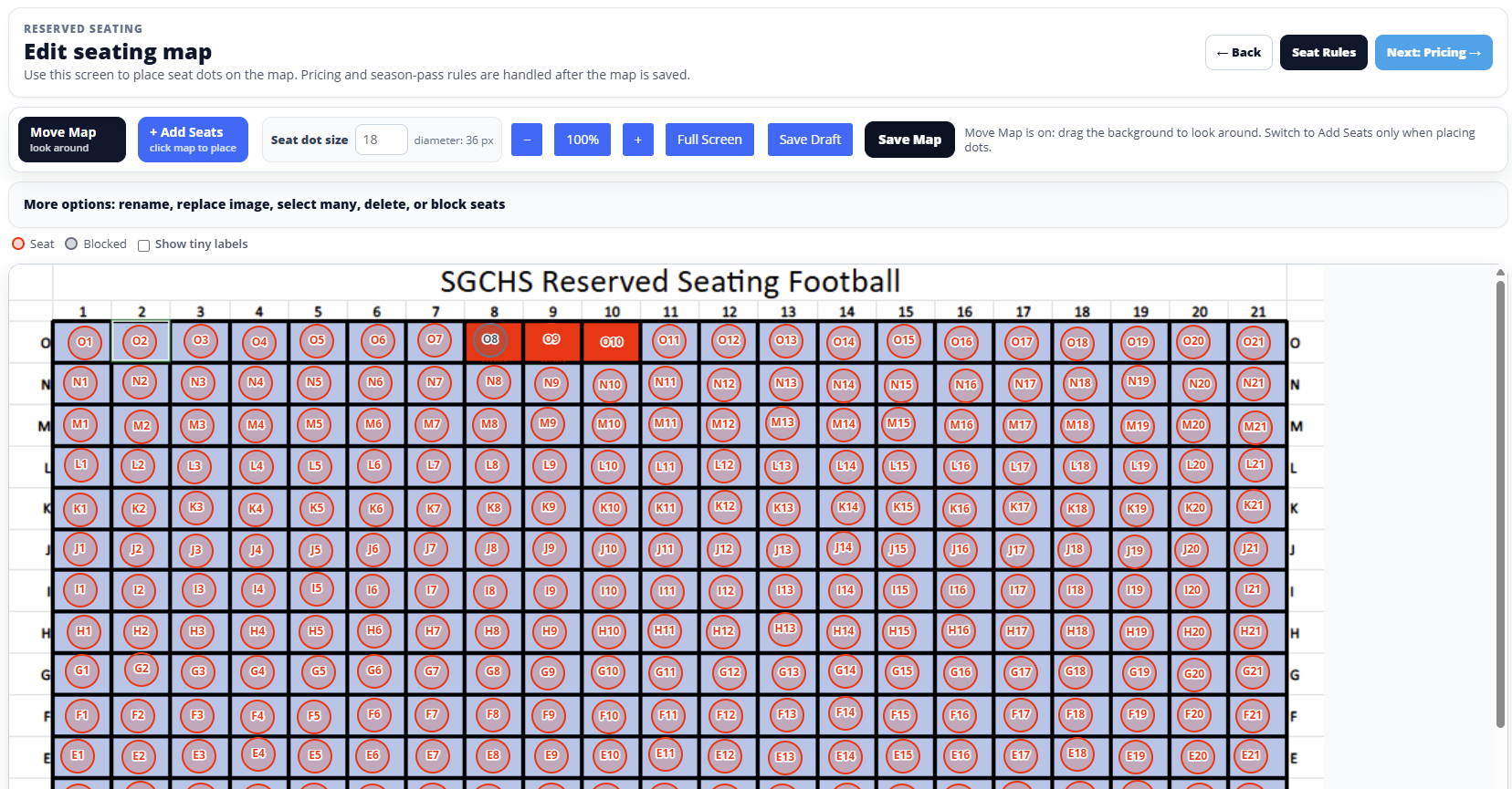 TicketHarmony reserved seating map editor showing a football seating chart grid with individual seat dots and blocked seats
