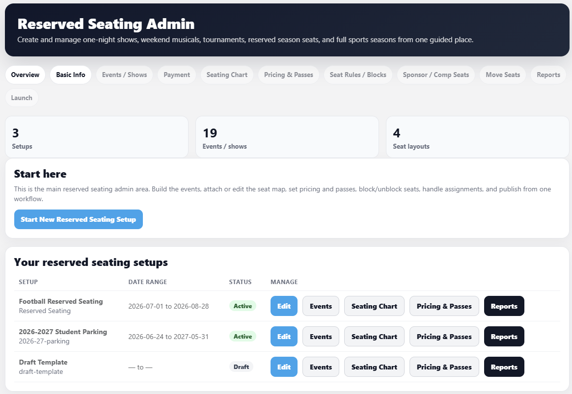 TicketHarmony reserved seating admin listing setups, events, seat layouts, and management actions