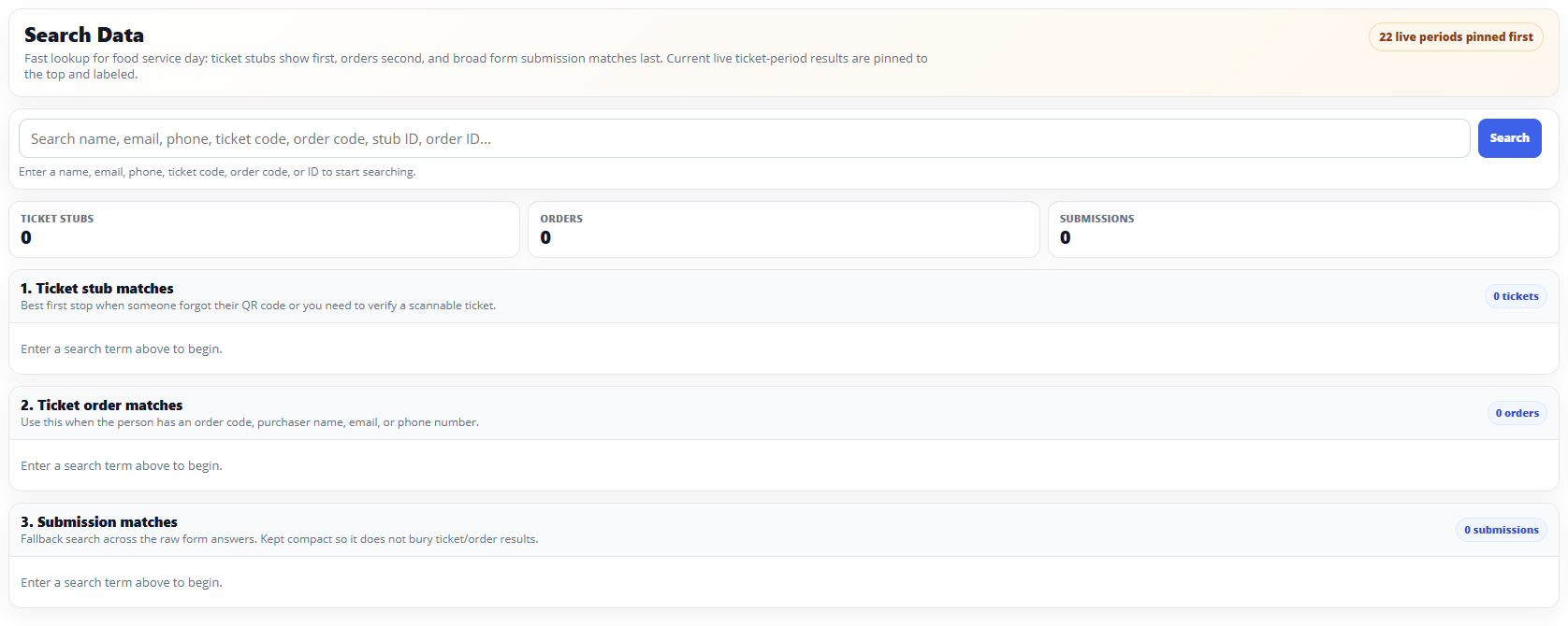 TicketHarmony search data screen with tiered results across ticket stubs, ticket orders, and form submissions