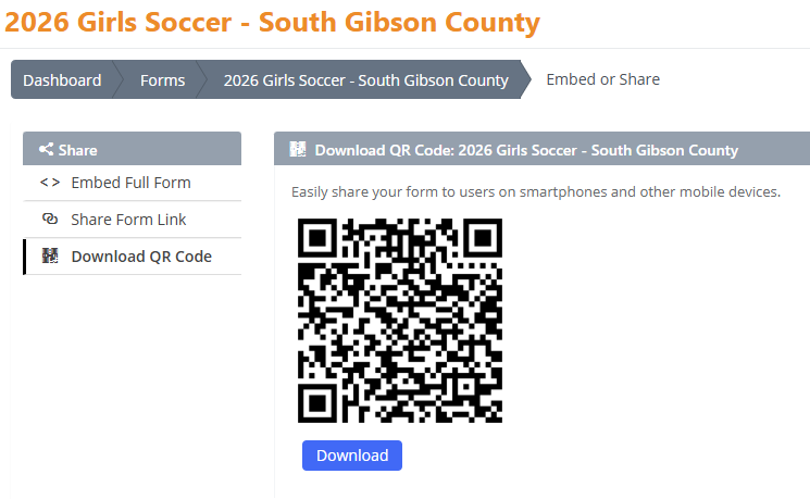 TicketHarmony embed or share screen with a downloadable QR code for a ticketing form