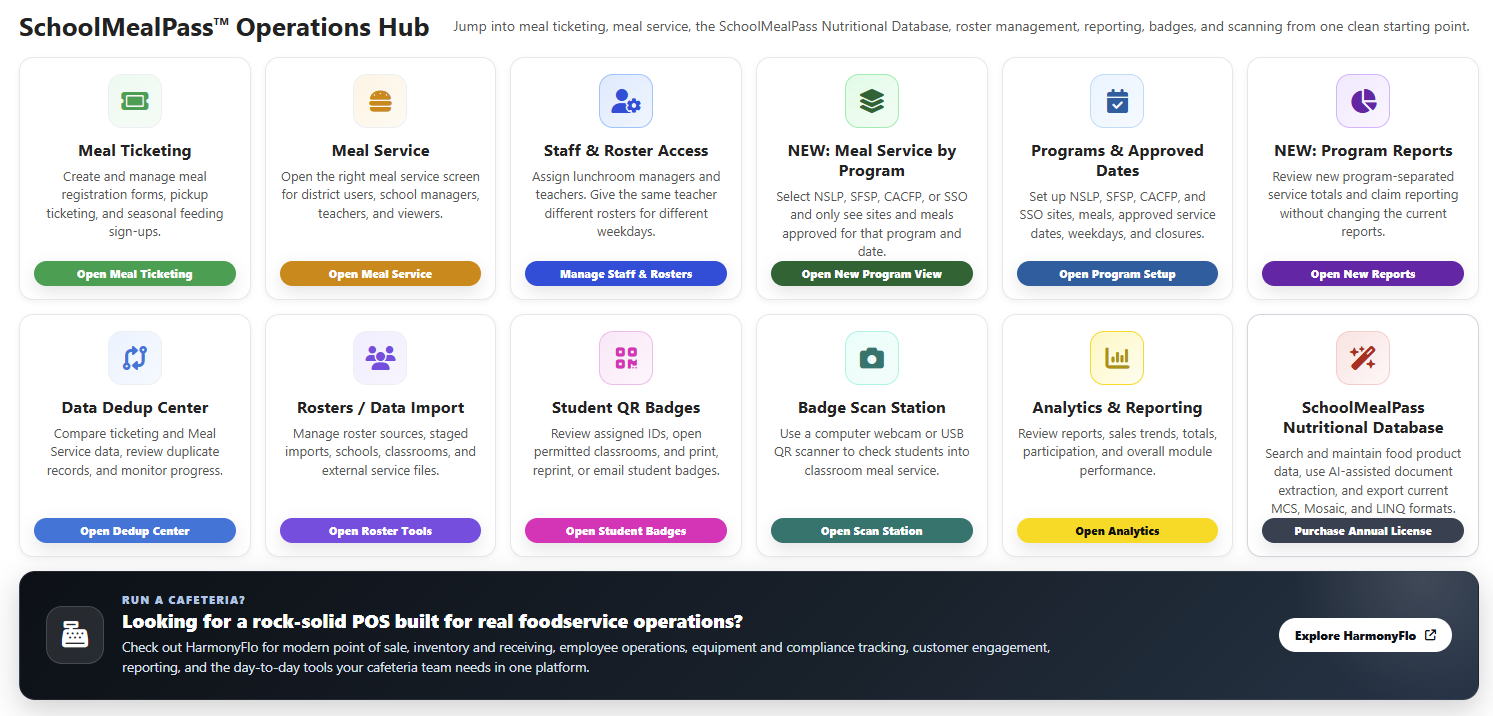 SchoolMealPass Operations Hub with tiles for meal ticketing, meal service, staff and roster access, dedup center, badges, scanning, and analytics