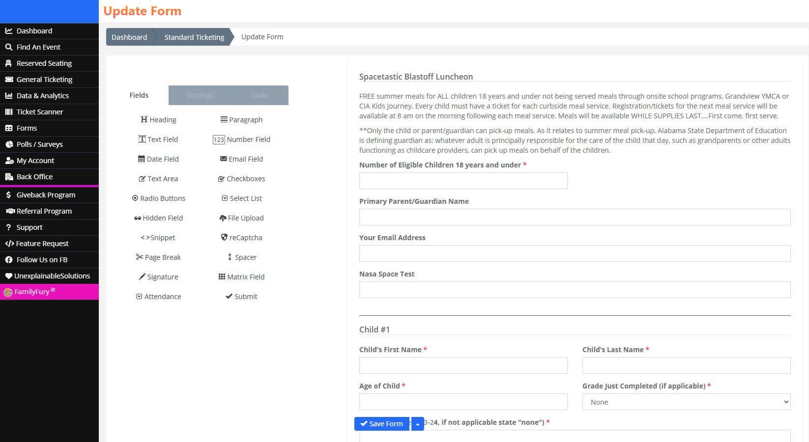 Standard Tickets Form