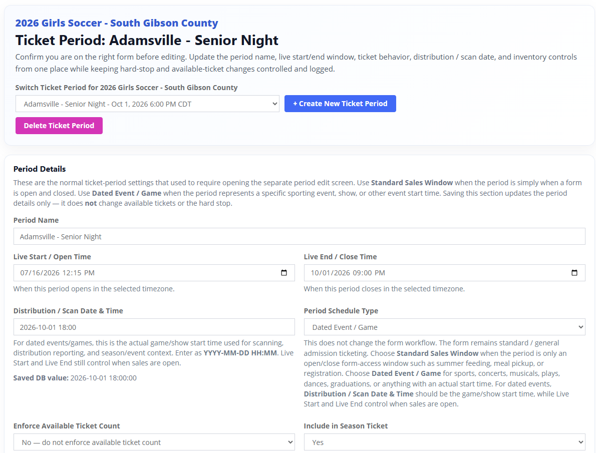 TicketHarmony ticket period editor showing live start and end times, distribution and scan date, and period schedule type