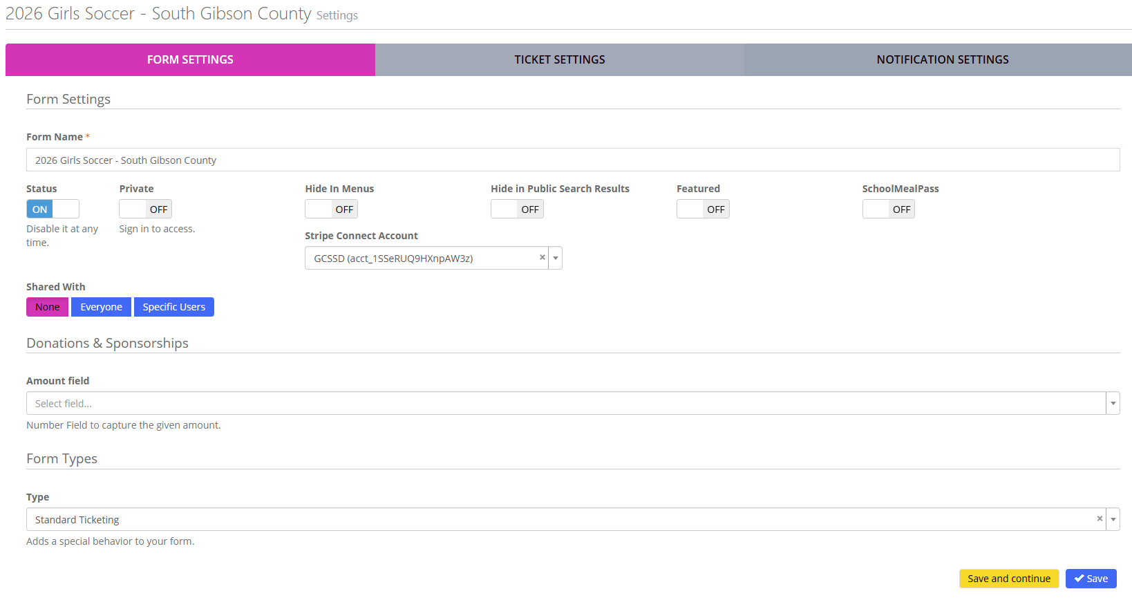 TicketHarmony ticket settings screen with ticket quantity fields, prices, and season ticket flags