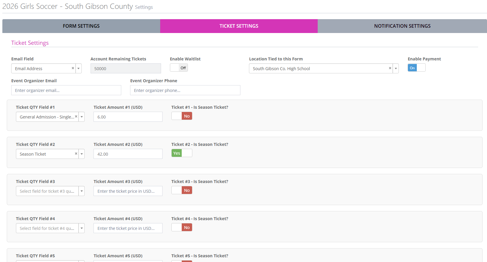 TicketHarmony form settings screen showing status toggles, public search visibility, Stripe Connect account, and form type