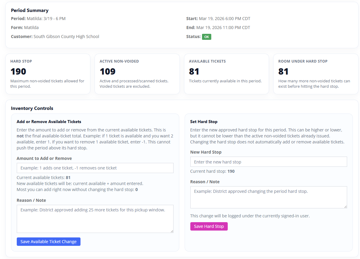 TicketHarmony ticket inventory controls showing hard stop, active non-voided tickets, available tickets, and logged inventory changes